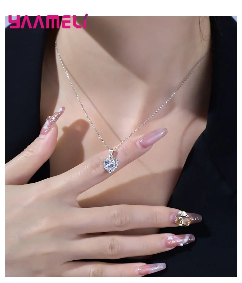 Romatic Birthday Valentines Day Gift Luxury 925 Sterling Silver Color Jewelry Sets Cubic Zircon Heart Ring Necklace Earrings Qme