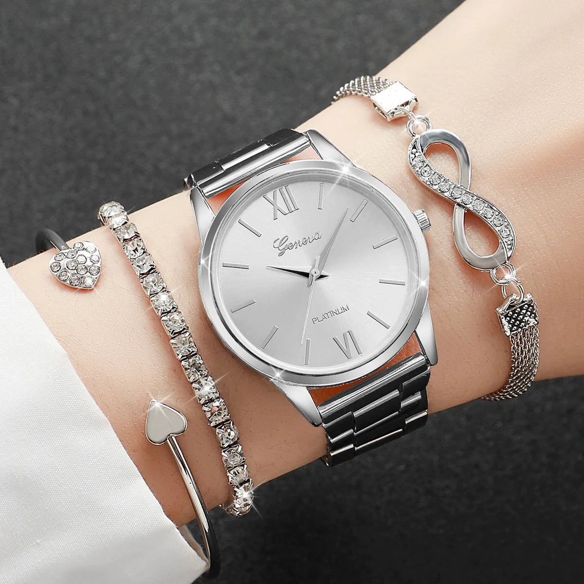 Elegant Sparkling Rhinestone Women Gift Set, GENEVA Gold Tone Chronograph Watch Matching Diamond Heart Infinity Jewelry Bracelet Qme WHITE