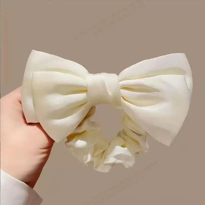 French Bow Scrunchie Elastic Hair Tie Elegant Satin Luxury Textured Qme Beige