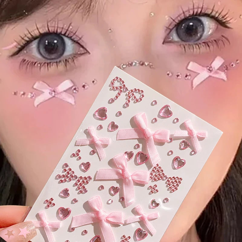 White Ribbon Bow Fashon Pearl Face Stickers Hollow Heart Pink Crystal Diamond Tattoo Stickers Body Arts Party Festival Makeup Qme