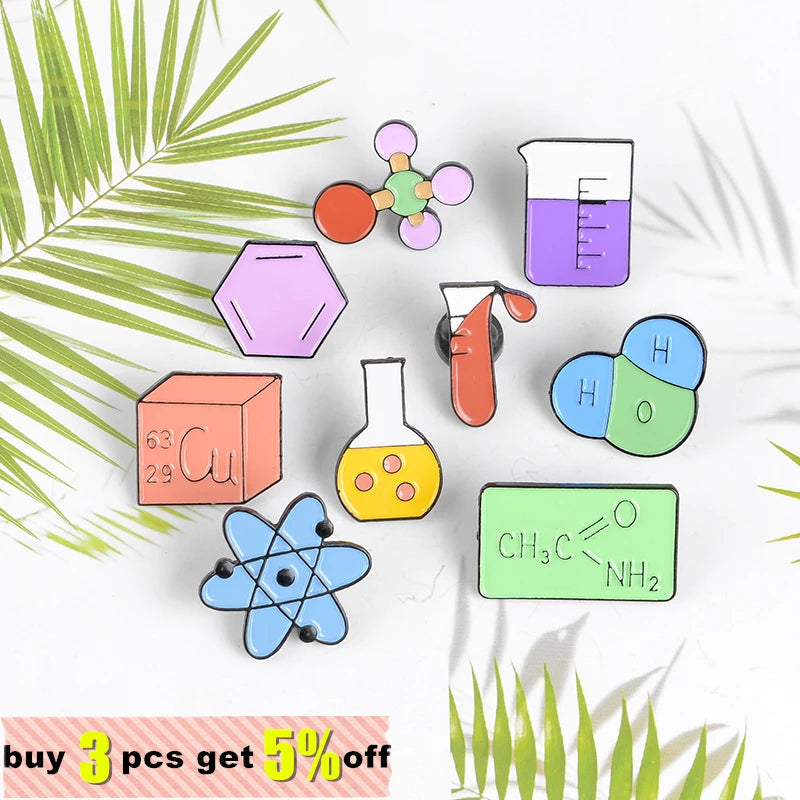 Science Stuff Enamel Pins Tube, Atomic Model,Chemical Symbol, Conical Flask Brooch Badge Gift for Science Enthusiast Wholesale Qme