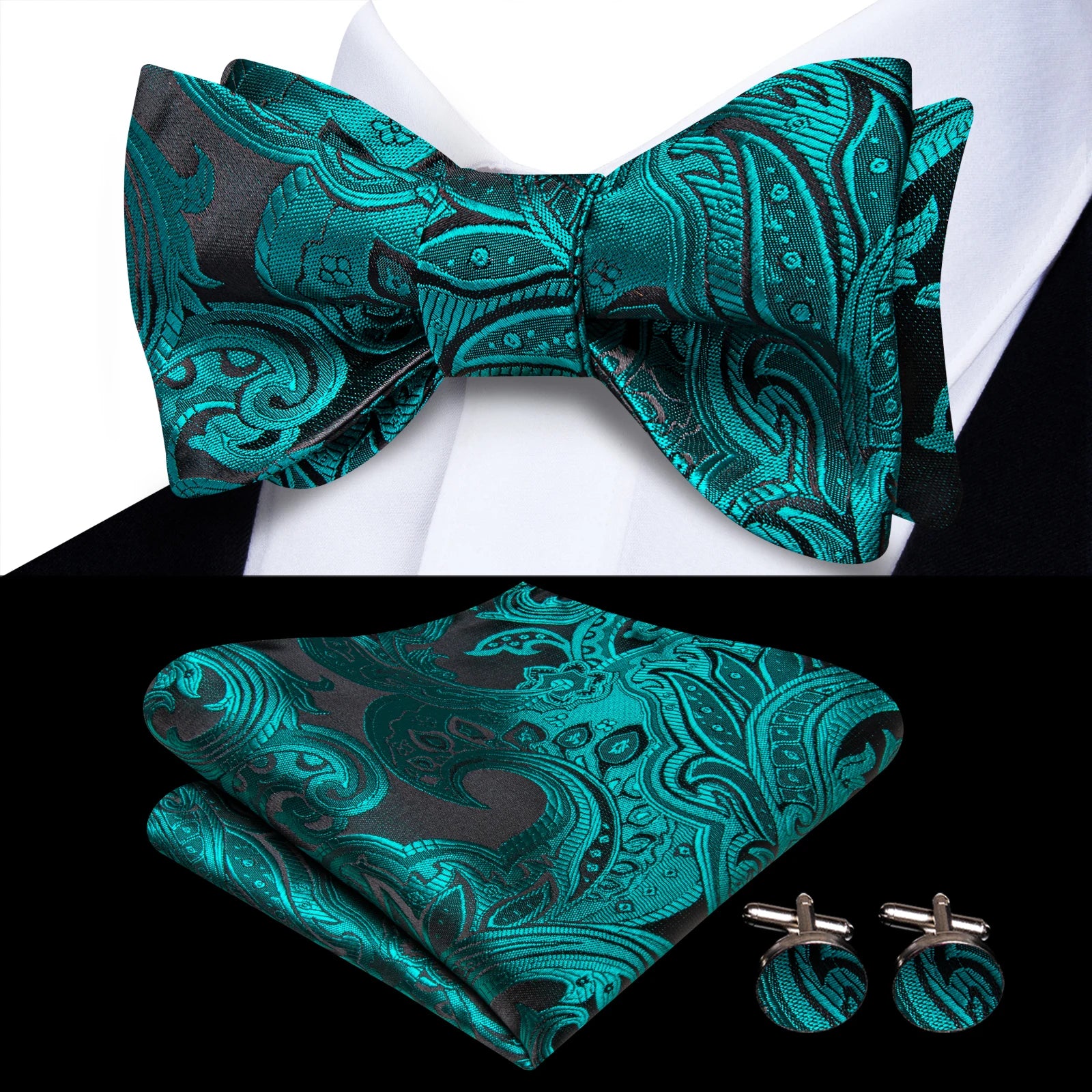 Hi-Tie Classic Bow Ties for Men Butterfly Self-Tied Male Bowtie Pocket Square Cufflinks Set Jacquard Paisley Wedding Event Party Qme HT-LH-2300