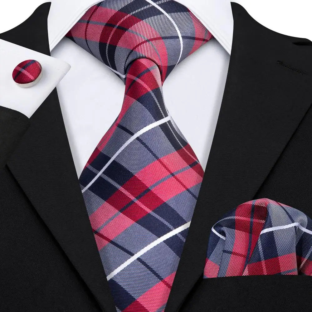 Hi-tie Designer Grey Plaid Novelty Silk Wedding Tie Men Handky Qme SN-0342