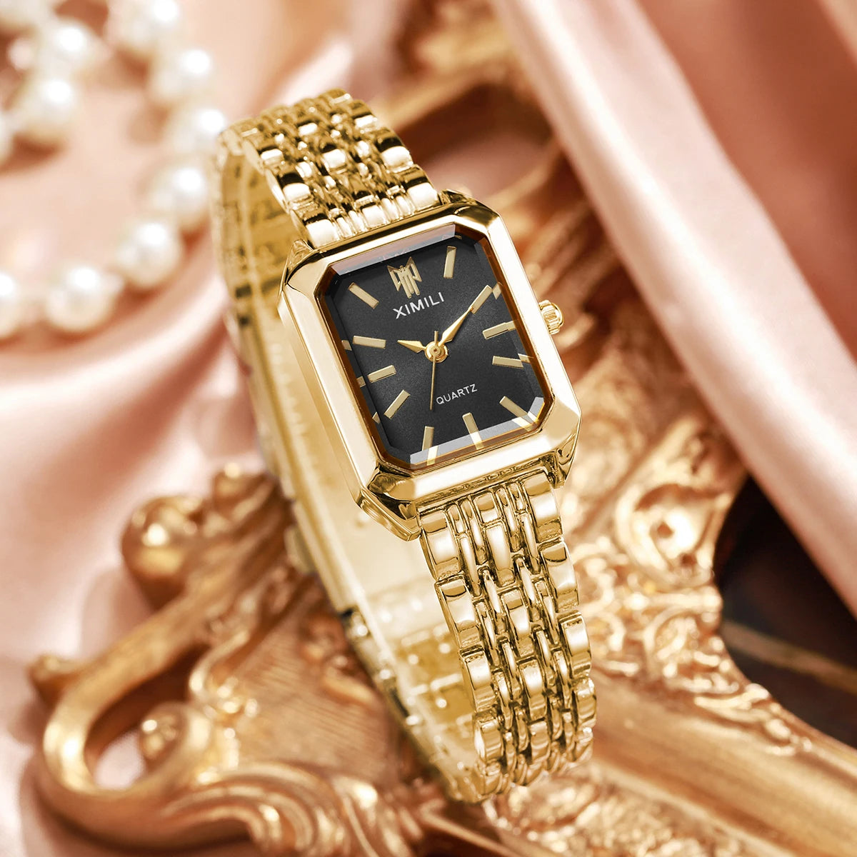 Fashion Ladies Rectangle Dial Dress Watch Golden Metal Strap Watch Qme