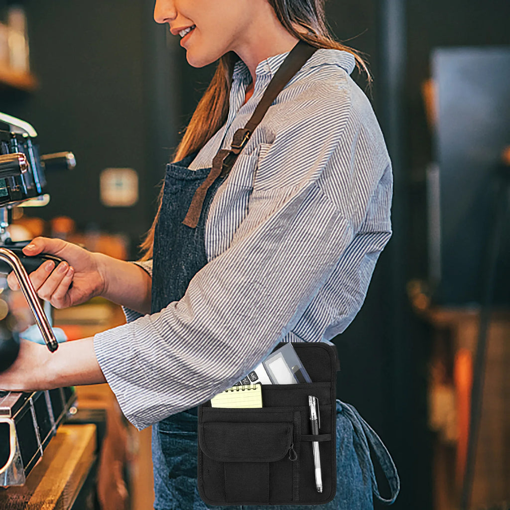 Black 5-pocket Apron Bag Waiter Waitress Restaurant Pocket Organizer Qme