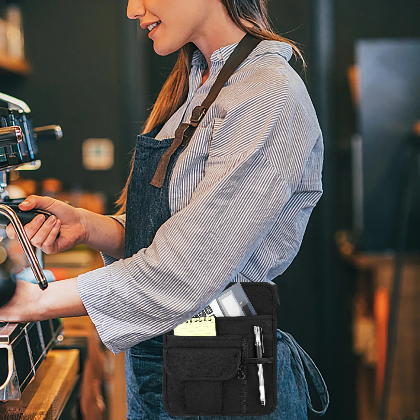 Black 5-pocket Apron Bag Waiter Waitress Restaurant Pocket Organizer Qme