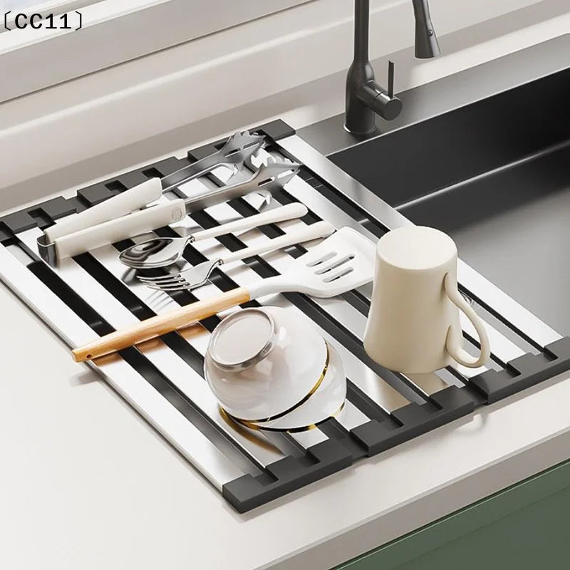 Stainless Steel Kitchen Sink Drain Rack Foldable Dish Drainer Bowl Qme