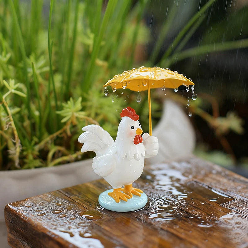 Rooster Figurine With Umbrella, Decorative Outdoor Statue,Collection Miniature Fairy Garden Home,Garden, Indoor Outdoor Decor Qme