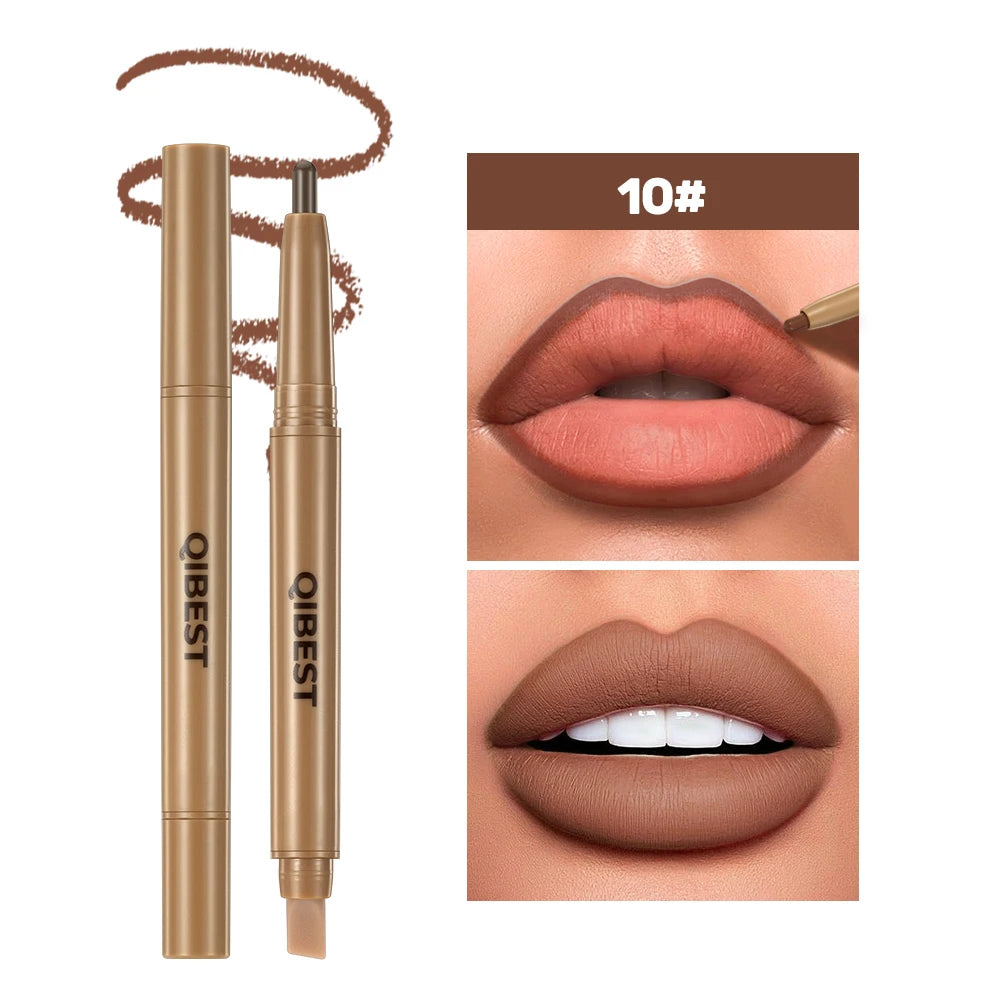 QIBEST Double Head Lip Liner&Brush Pen Makeup Mist Matte Contour Tint Lipstick Pencil 2 In 1 Stick Lasting Nude Black Lipliner Qme 10