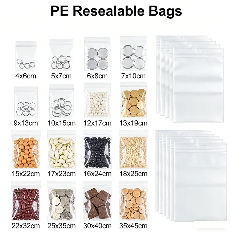 Clear Plastic Zip Lock Bags 0.08/0.1/0.2mm Red White Seal Reusable Storage Zipper Bags For Parts Food Travel Sample Packaging Qme