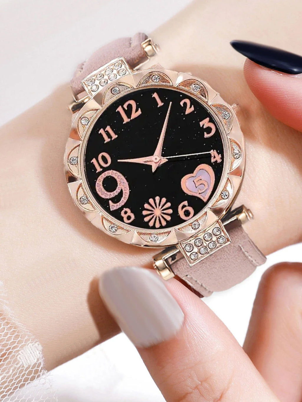 6PCS Women's Fashion Quartz Watch Luxury Pink Leather Band Analog WristWatch Ladies Watch Women Dress Bracelet Set Clock Qme