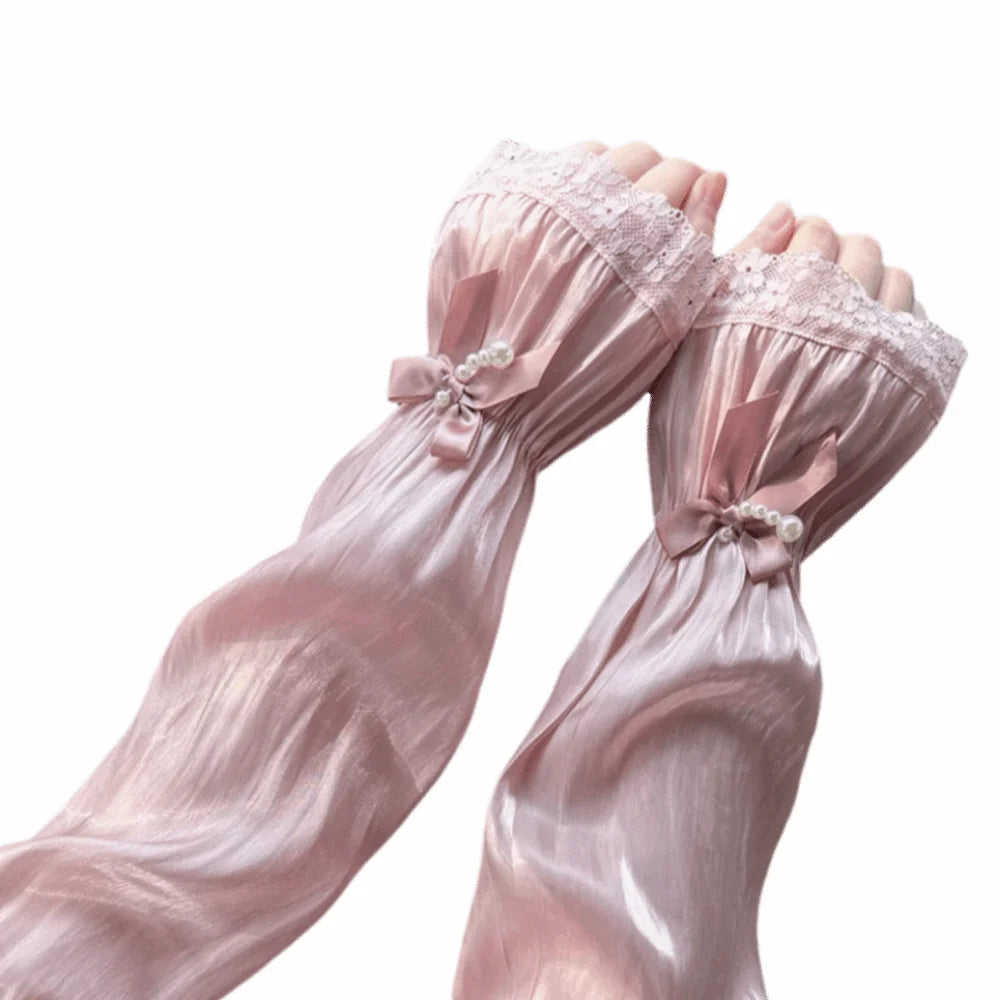 Breathable Sun Protection Sleeves Elegant Solid UV Elastic Long Lace Qme Pink