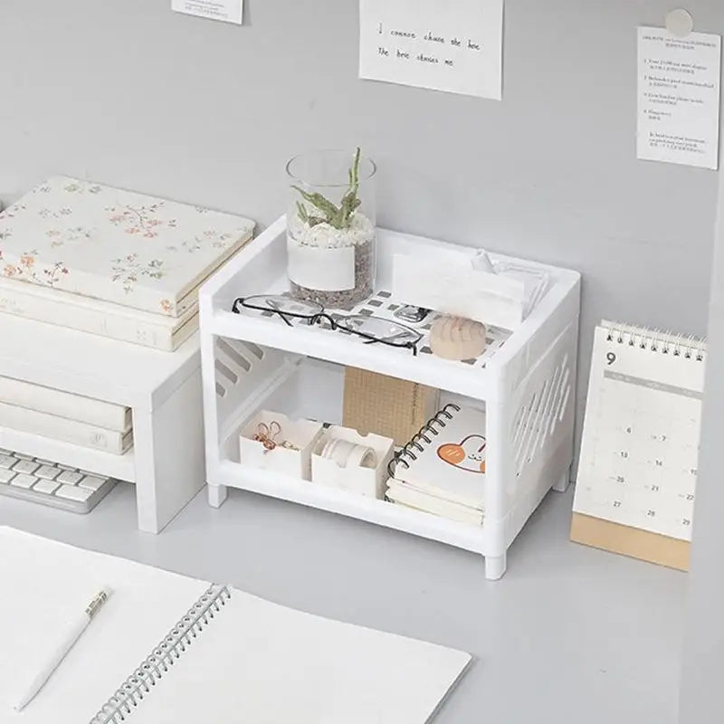 1PC PP Desktop Double Layer Storage Rack Rectangular White Organizing Student Desk Office Cosmetics Stationery Qme