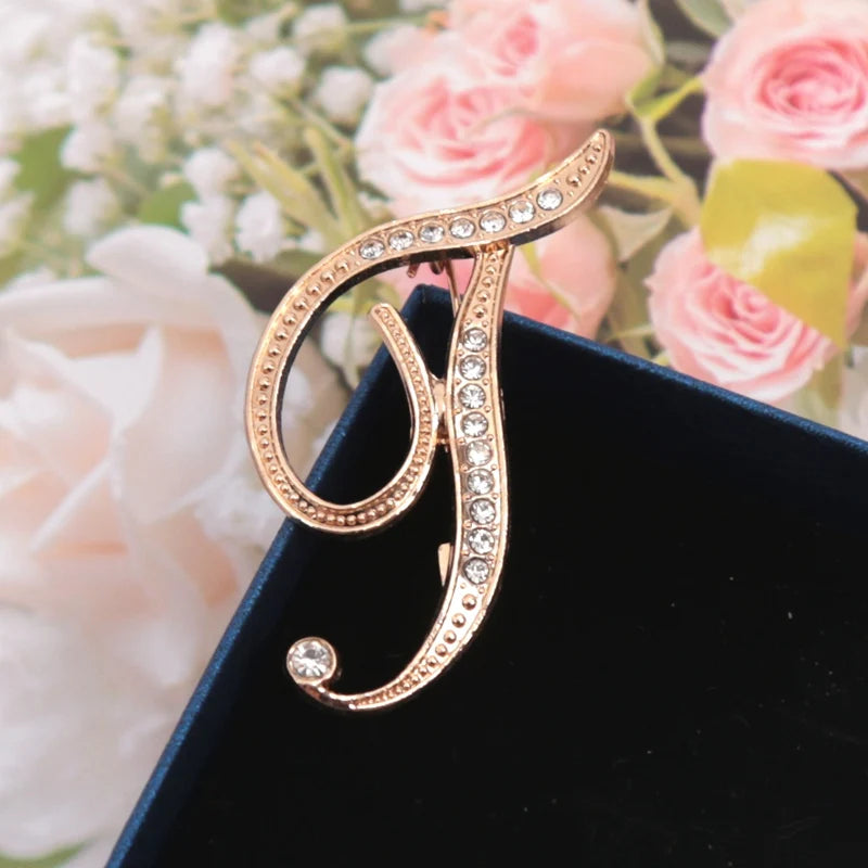 Fashion Women Rhinestone Brooch A-z English Letter Gold Metal Pins Qme T