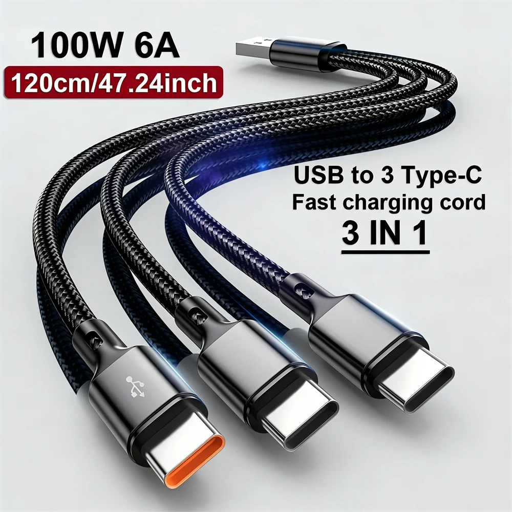 100W 3 in 1 USB to Type-C Fast Charging Data Cable PD Mobile Phone Quick Charge Braided Cord For Samsung Xiaomi 14 iPhone 15 14 Qme