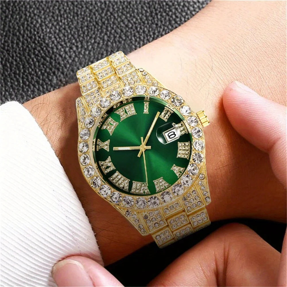 Mens Hip Hop Watch VintagInspired Retro Quartz Timepiece with Oversized Rhinestone Dial and Durable Stainless Steel Band for Men Qme Golden Green