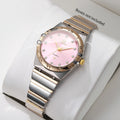 Elegant Ladies Two-Tone Interlocking Metal Strap Watch, Blush Pink Face Crystal Accent Casual Business Quartz Wrist Watch Qme Pink No Box