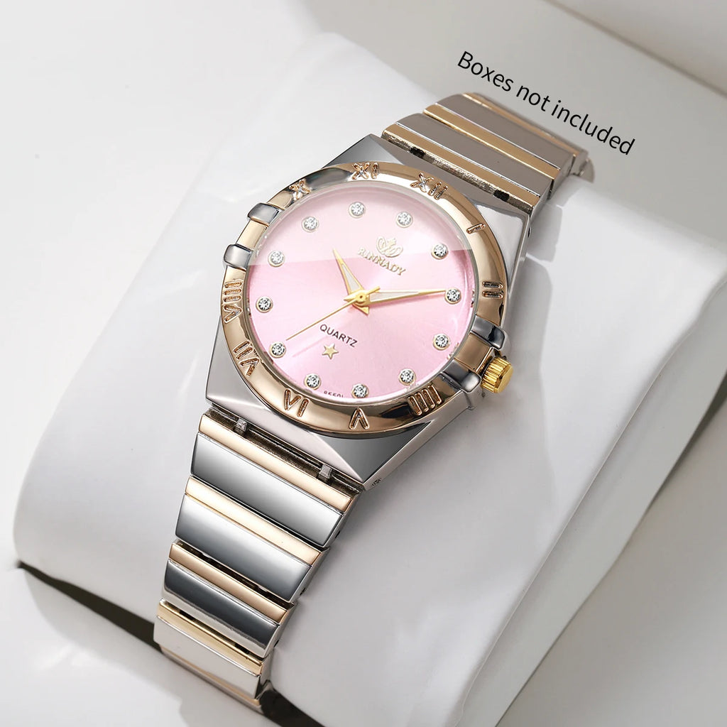 Elegant Ladies Two-Tone Interlocking Metal Strap Watch, Blush Pink Face Crystal Accent Casual Business Quartz Wrist Watch Qme Pink No Box