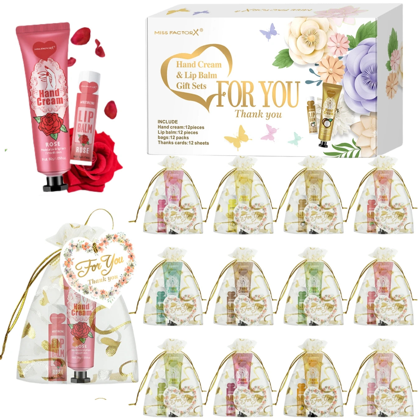 12 Hand gift Hand cream and lip balm set Friends Party Gift with love net bag and thank you card Holiday gift Qme 12 sets gifts