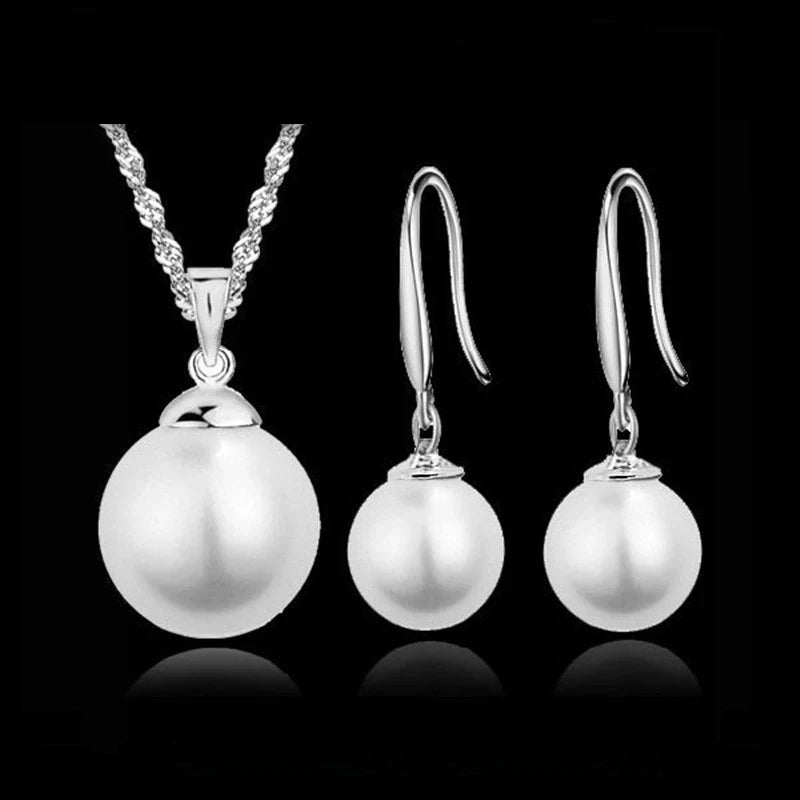 Elegant Bridal Jewely Set Pure Genuine 925 Sterling Silver Color White Pink Pearl Pendant Necklace Earring Women Party Gift Qme White