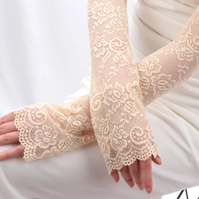 Women Long Lace Gloves Fishnet Mesh Fingerless Mittens Lady Cycling Qme Beige One Size