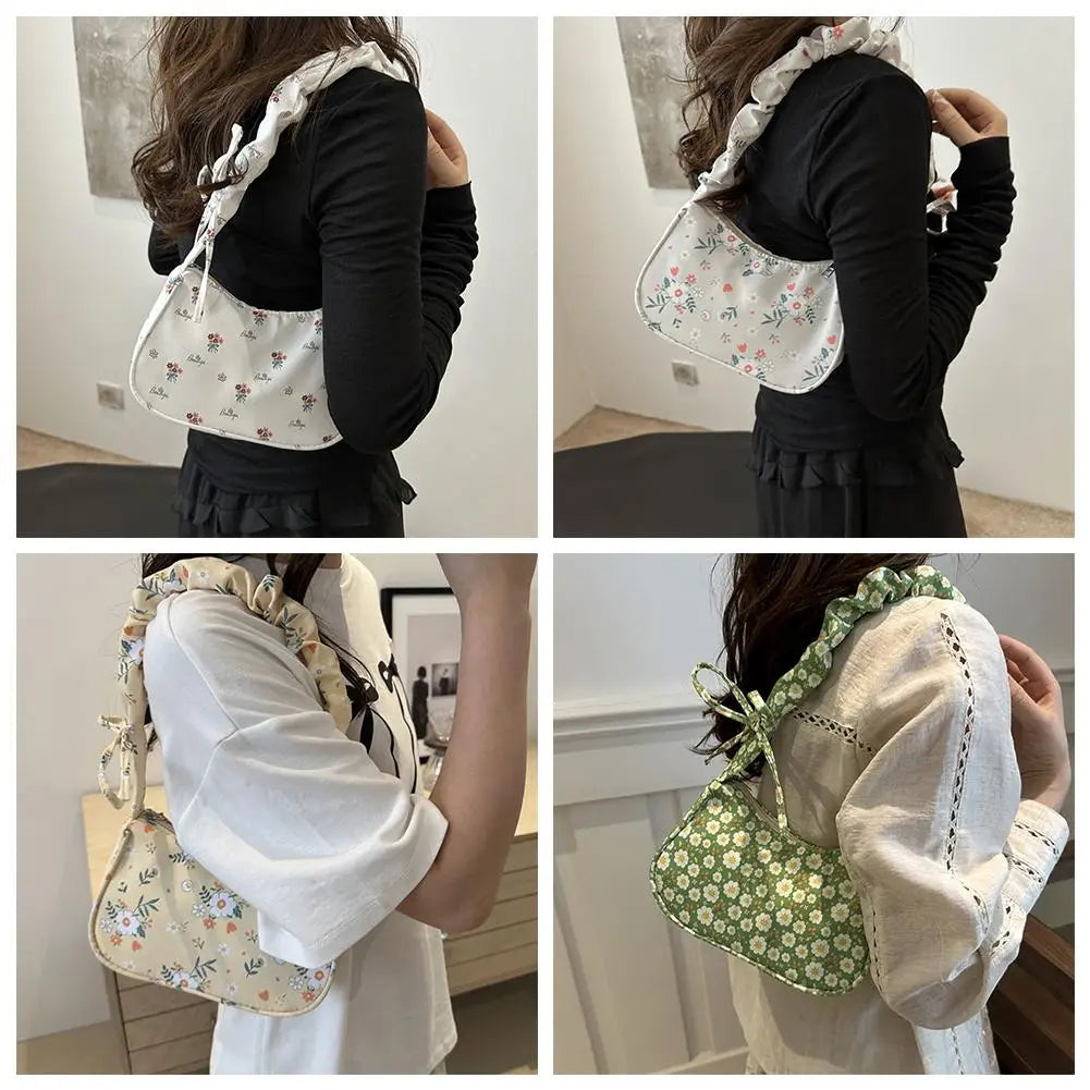 Women Small Underarm Bag Corduroy Handbag Cute Strawberry Print Little Tote Half Moon Design Mini Shoulder Bags Purse Qme