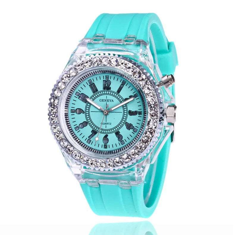 led Flash Luminous Watch Personality trends students lovers jellies woman men's watches 7 color light WristWatch bayan kol saati Qme light green