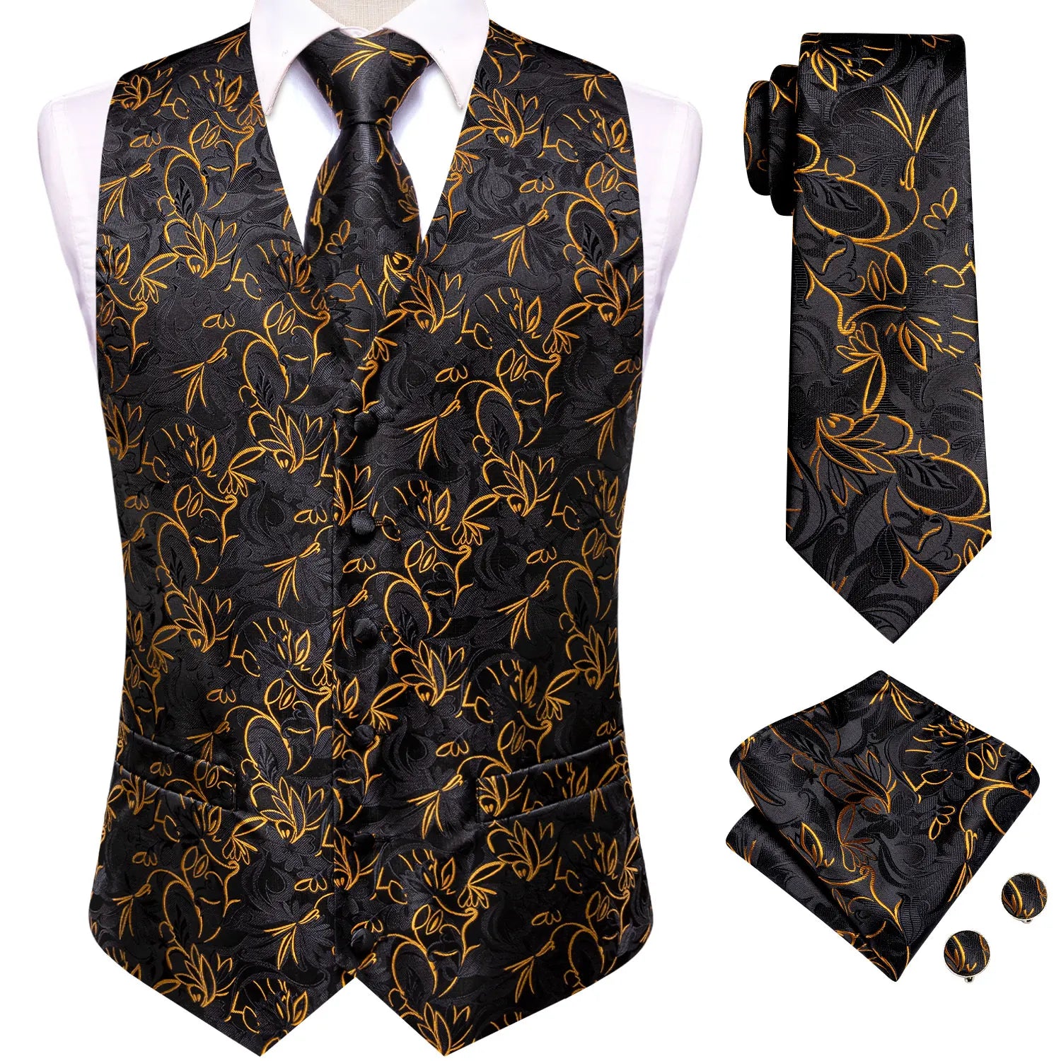 Luxury Mens Black Golden Vest Tie Hanky Cufflinks Jacquard Floral Qme MJTZ3205 S