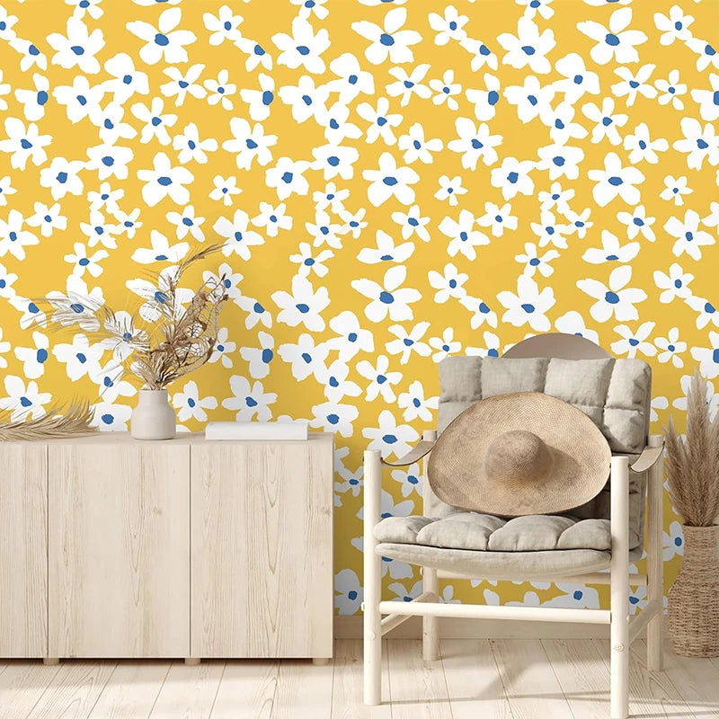 Yellow White Blue Floral Peel Stick Wallpaper Removable Self Adhesive Qme