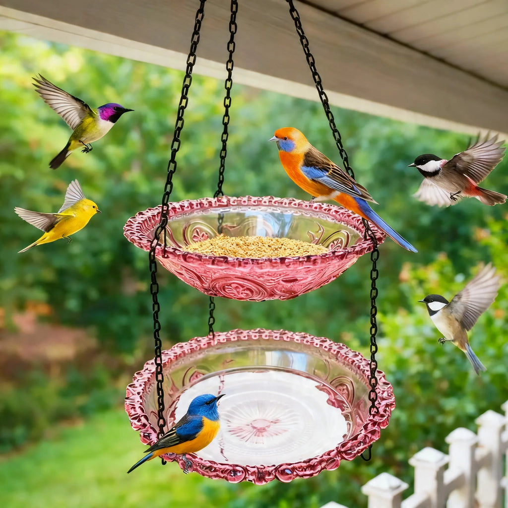 Two-layer Hanging Bird Feeder Outdoors Water Bowl Garden Yard Qme
