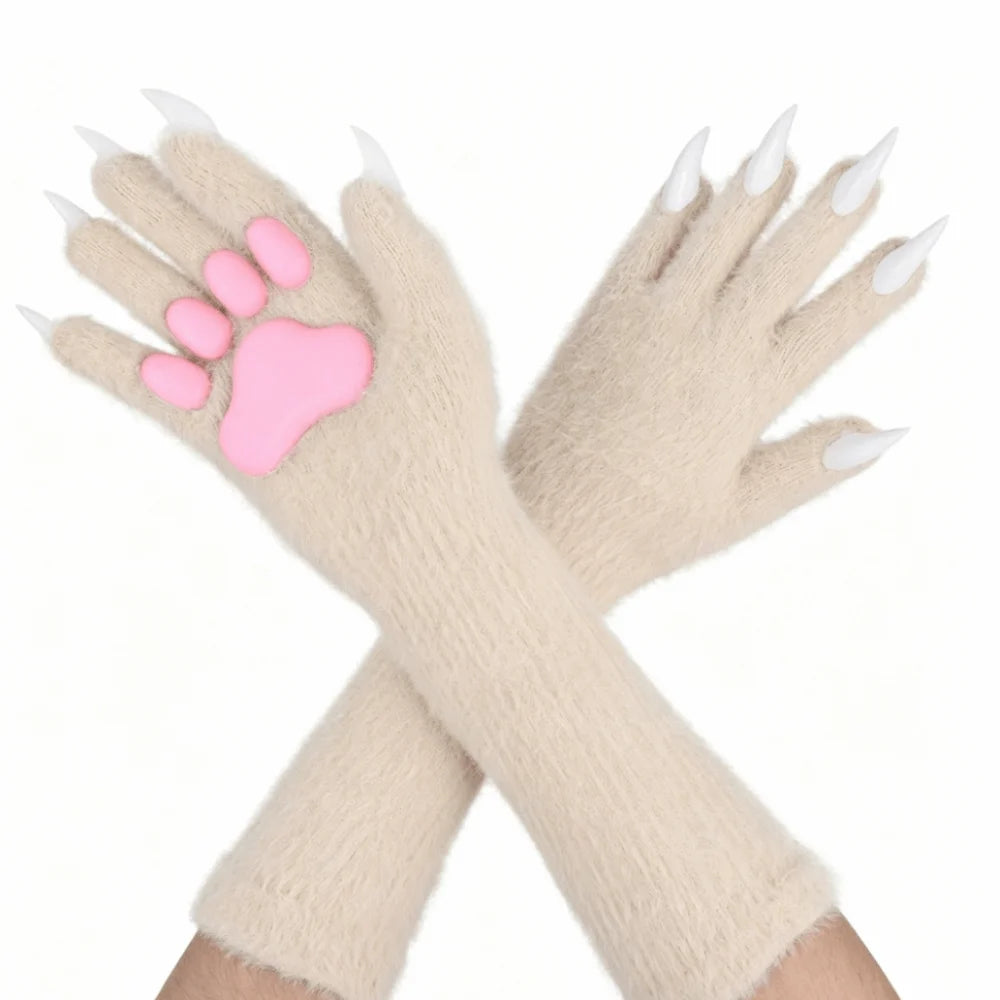 Long Cat Claw Gloves Furry Cute Animal Hand Silicone Paw Pads Cosplay Qme Khaki