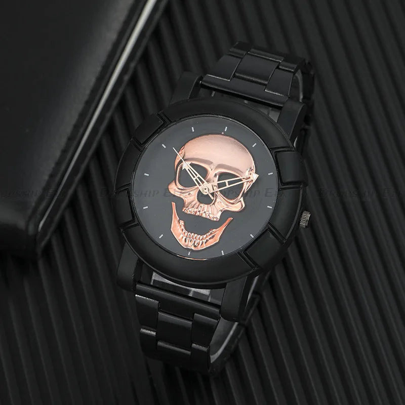 Men's Quartz Watch, Black and Gold Dial, 3D Skull Head Pattern, Stainless Steel, Steampunk Rock Engraved, Men's Watch Qme
