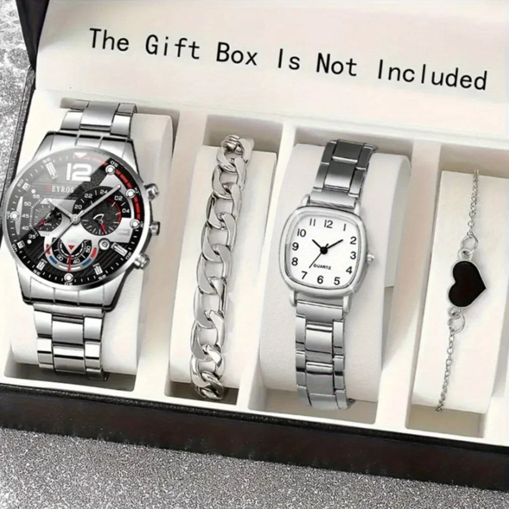 2026 4pcs/set Couple Watches ，Quartz Watch Date Display Men's Wrist Watch， Alloy Strap Round Square Dial Watches for Men Qme
