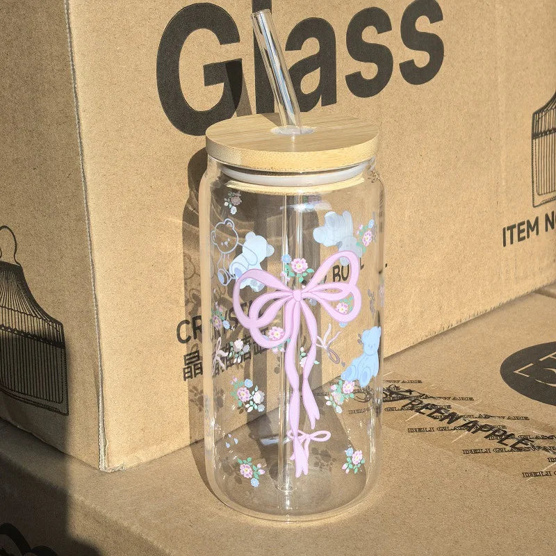 500ml Cute Bow Glass Cup Bow Bear Pattern Water Bottle Coffee Cups With Lids Straw Brush Valentine's Day Party Gift Qme Bow Bear 500ML