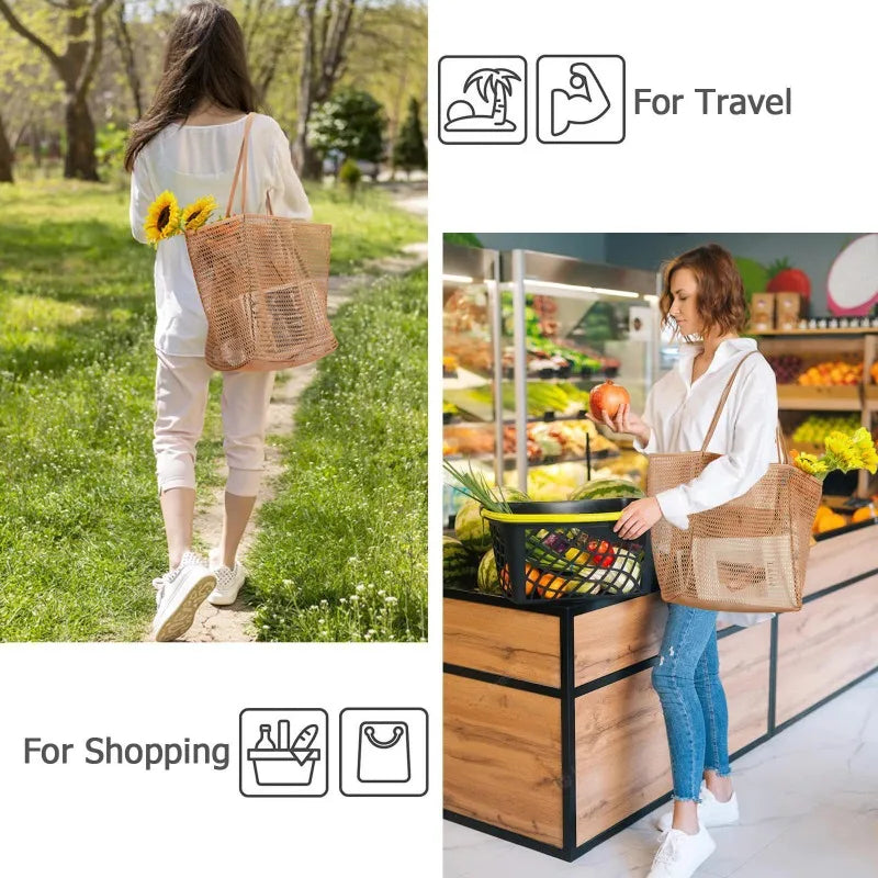 Expandable Mesh Beach Bag Women Foldable Crossbody Tote Spacious Qme