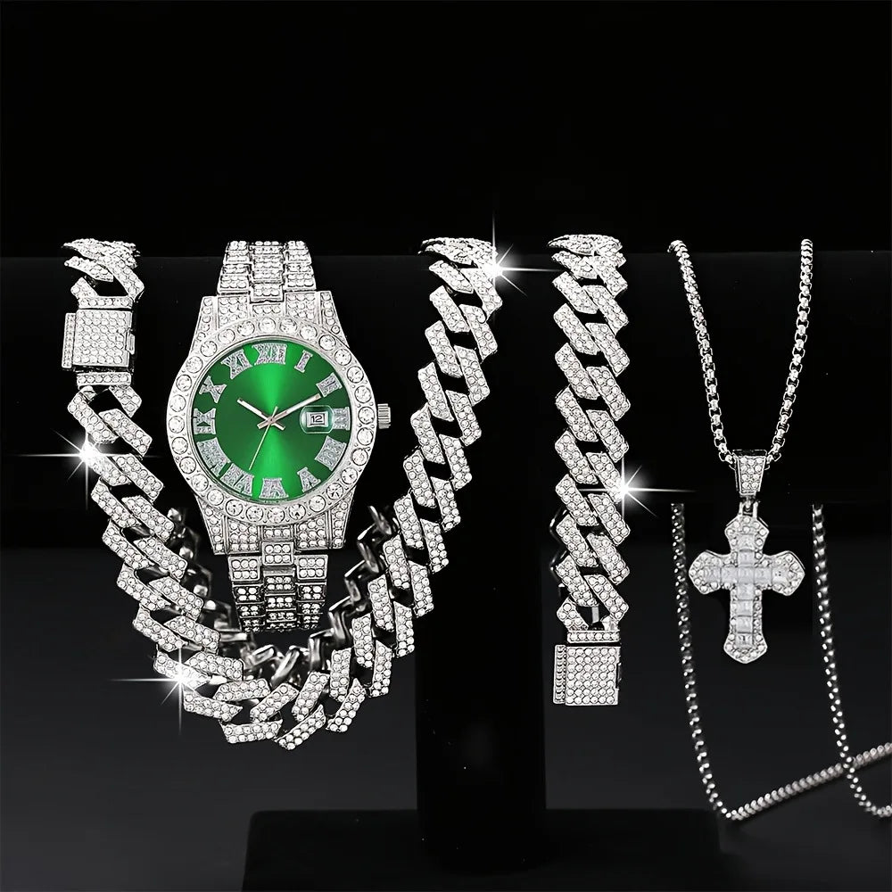 Men's Bling Jewelry Set: Silver Iced Out Watch + Cuban Link Chain + Bracelet + Blue Cross Pendant Necklace, 4Pcs Hip Hop Set Qme Ivory