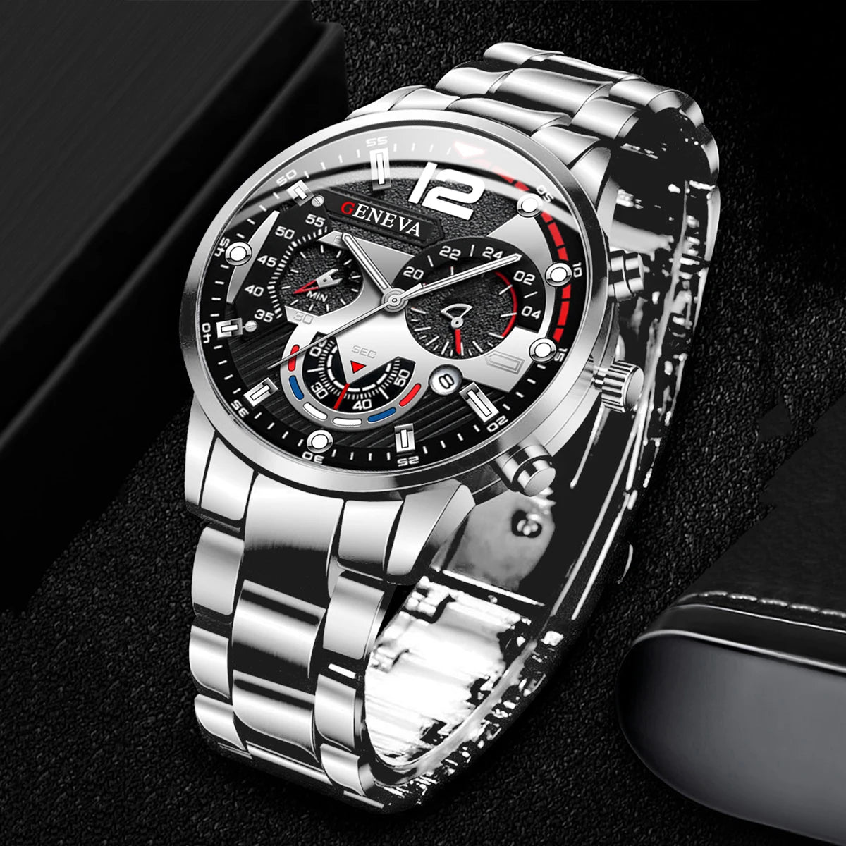 Silver Steel Band Men Chronograph Watch, Large Dial GENEVA Analog Quartz Watch for Business Casual Daily Wear Qme
