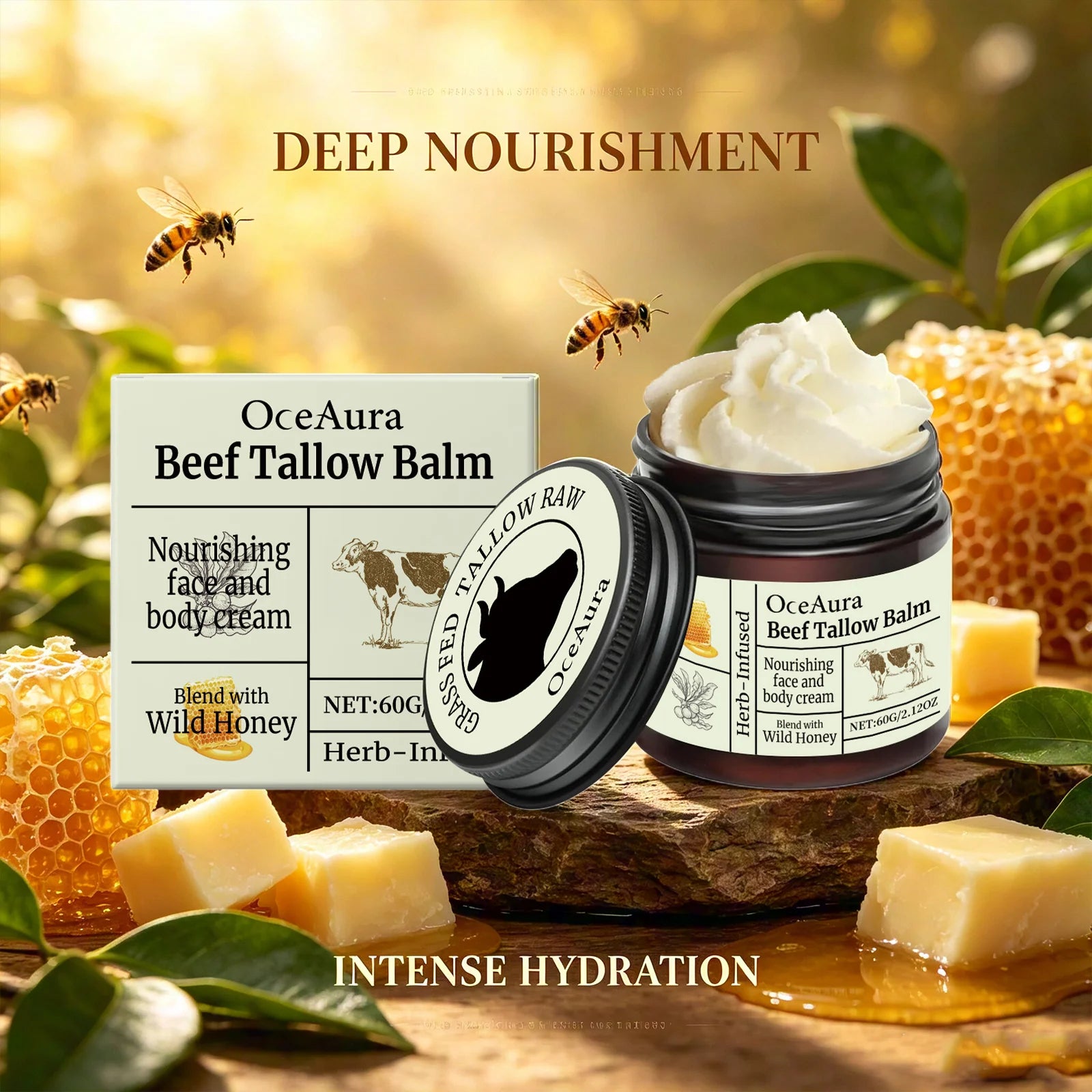 OceAura Beef Tallow Balm Wild Honey Infused Deep Moisturizing Gentle Sensitive Skin Friendly Facial Body Nourishing Care Cream Qme