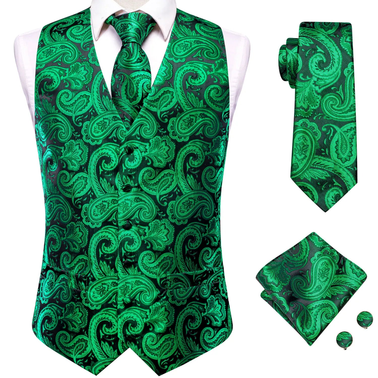 Hi-tie Mens Suit Vests Necktie Hankerchief Cufflinks Silk Slim Fit Qme