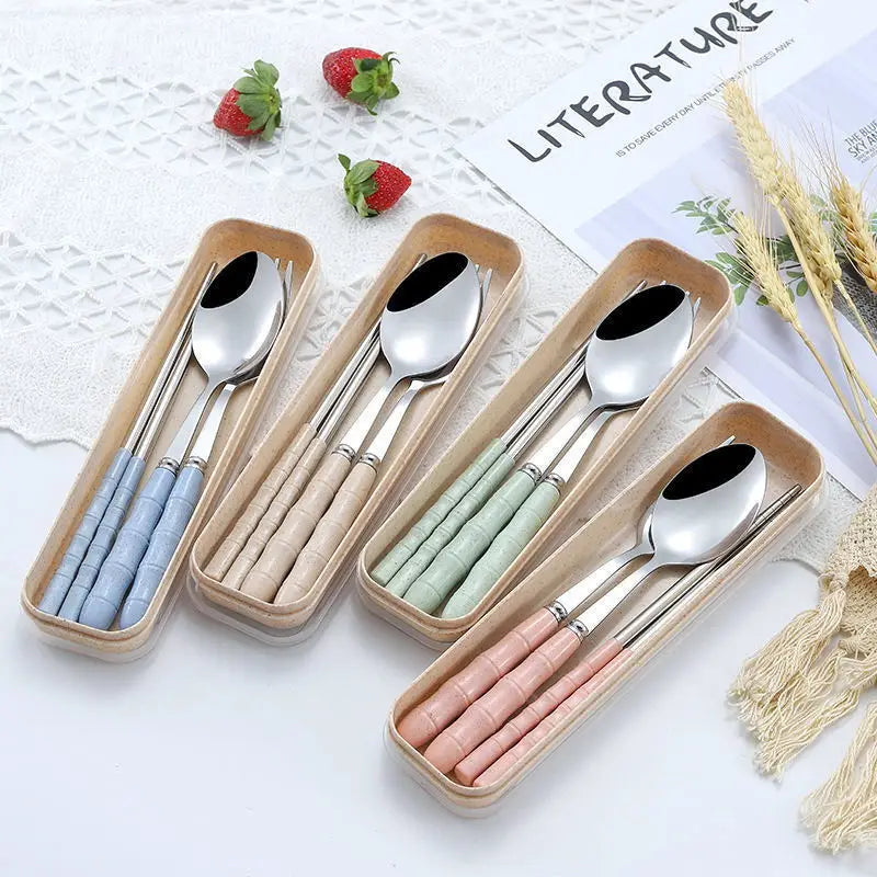 Portable Wheat Straw Cutlery Stainless Steel Spoon Fork Chopsticks Qme