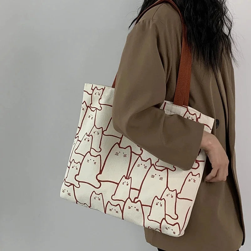 Cute Cartoon Cat Canvas Tote Bag Women Fashion Shoulder Casual Qme Beige