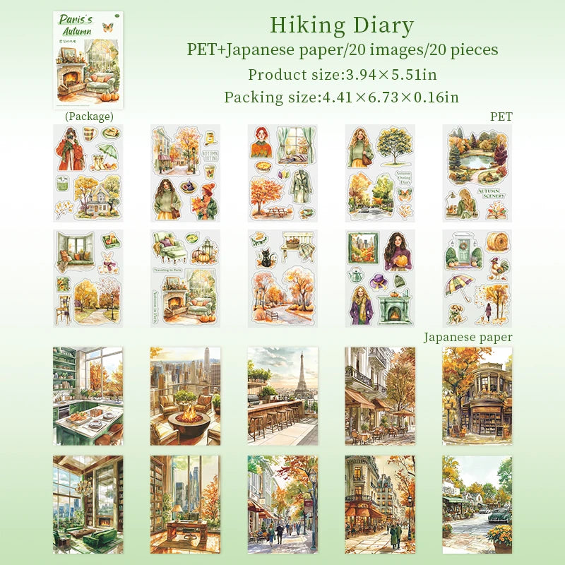 20 Sheets Paris Autumn Series Travel Theme Dual Material Sticker Book for DIY Scrapbooking Photo Frame Collage Decoration Qme 3
