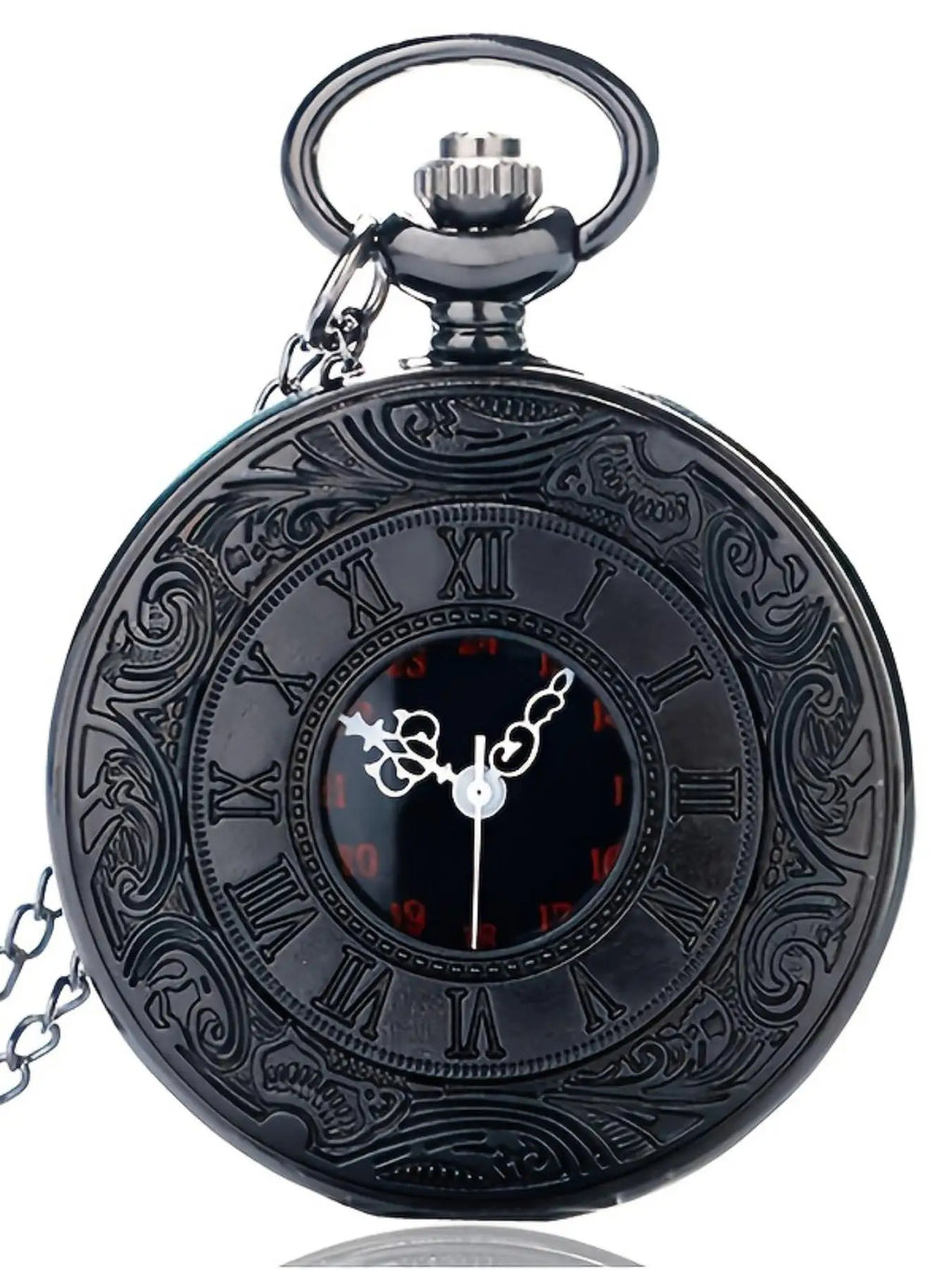 Vintage Black Embossed Pocket Watch Roman Numeral Dial Quartz Pendant Watch With Chain Qme