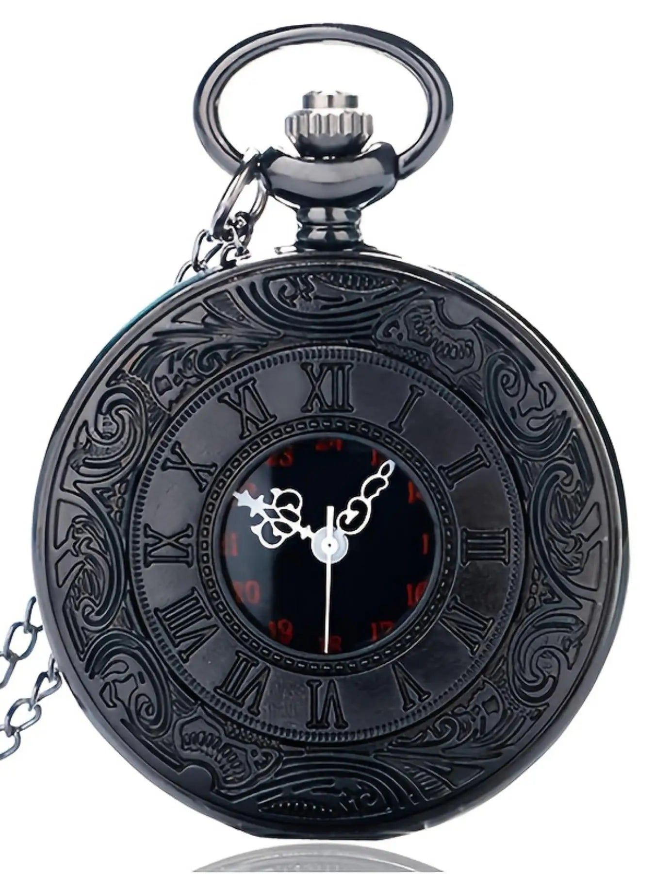 Vintage Black Embossed Pocket Watch Roman Numeral Dial Quartz Pendant Watch With Chain Qme