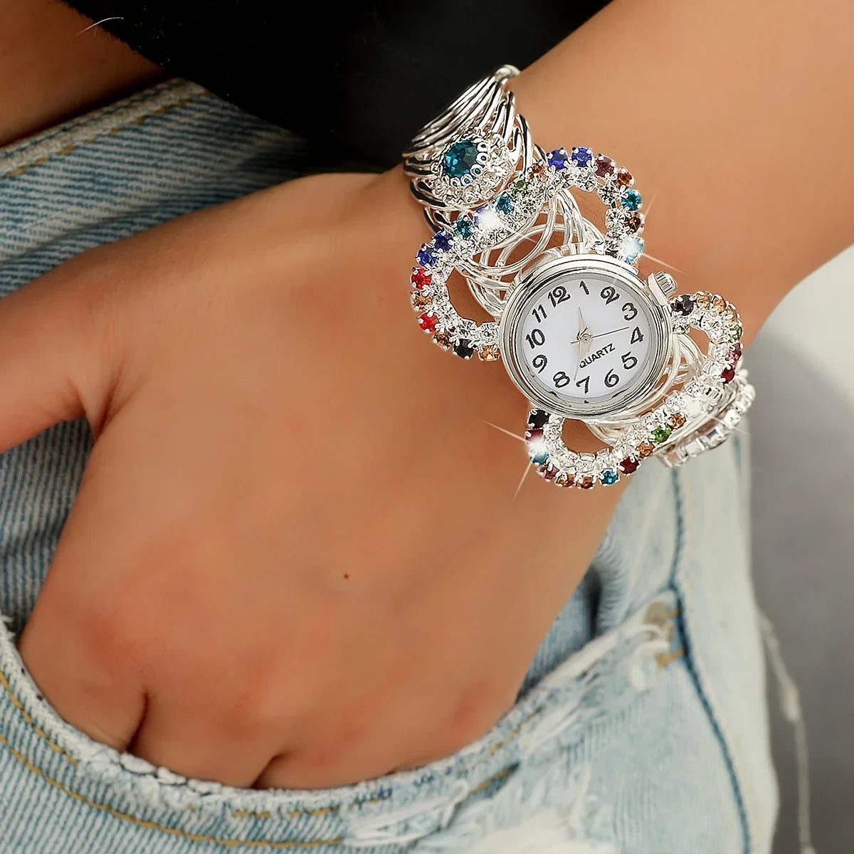Women's Watch Baroque Rhinestone Quartz Cuff Bangle Watch Butterfly Shaped Analog Party Dress Wrist Watch Qme