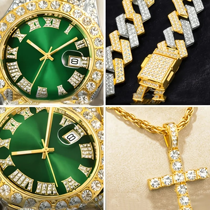 4pcs Foreign Trade Hot selling Men's Diamond Hip Hop Four Piece Set (Watch/Cuban Chain Bracelet/Necklace/Pendant) Qme
