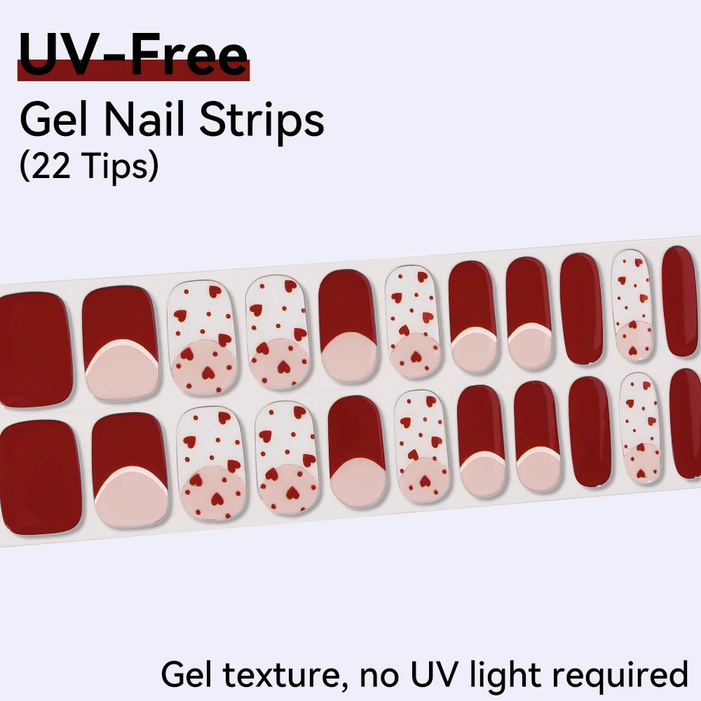 22 Tips Sheet Red French Heart UV-Free Gel Nail Stickers Long-lasting Qme BSA-0379