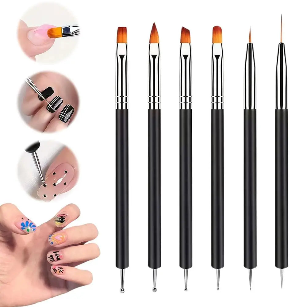 6Pcs Black Multi-Function Nail Art Brushes Set Dotting Line Flat Round Head For DIY Professional Gel Nail Polish Manicure Tools Qme 6pcs CN