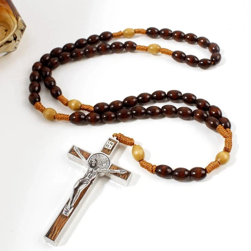 Retro Religion Belief Catholic Cross St. Benedict Black Gallstone Prayer Rosary Pendant Necklace Jewelry Gift Qme A6