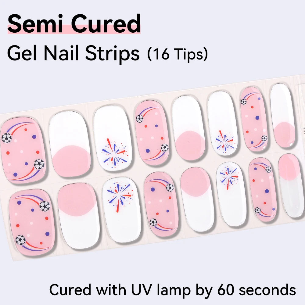 16Tips Cute Cartoon Semi Cured Gel Nail Strips French Cherry Soccer Qme NF260020